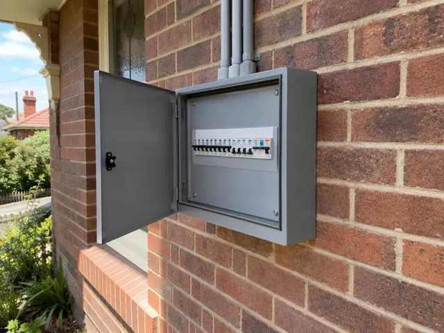 Open switchboard on a brick exterior wall beside a window in Manly